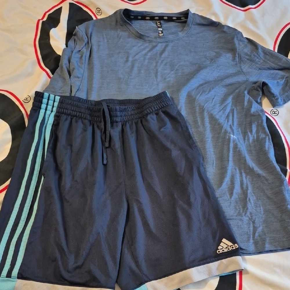 Adidas Men's Dark Blue Shorts with Light Blue Stripes